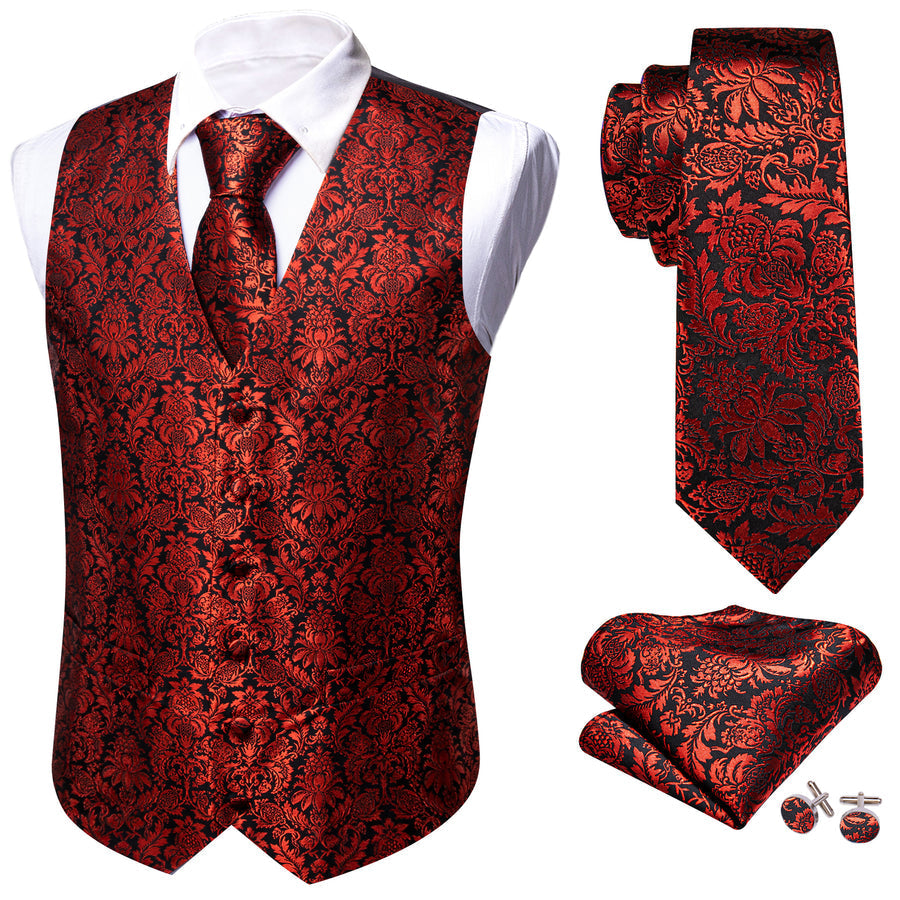 Red Floral Silk Vest Set vest set    - Sophisticated Gentlemen