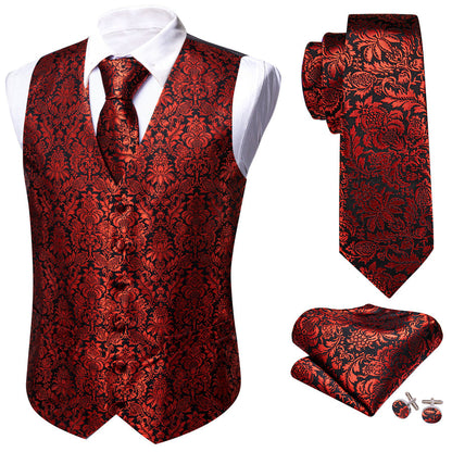 Red Floral Silk Vest Set vest set    - Sophisticated Gentlemen