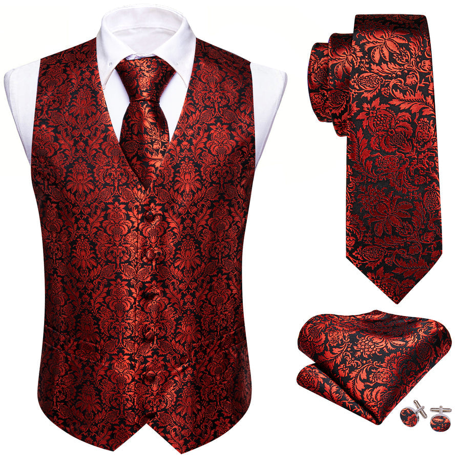 Red Floral Silk Vest Set vest set    - Sophisticated Gentlemen