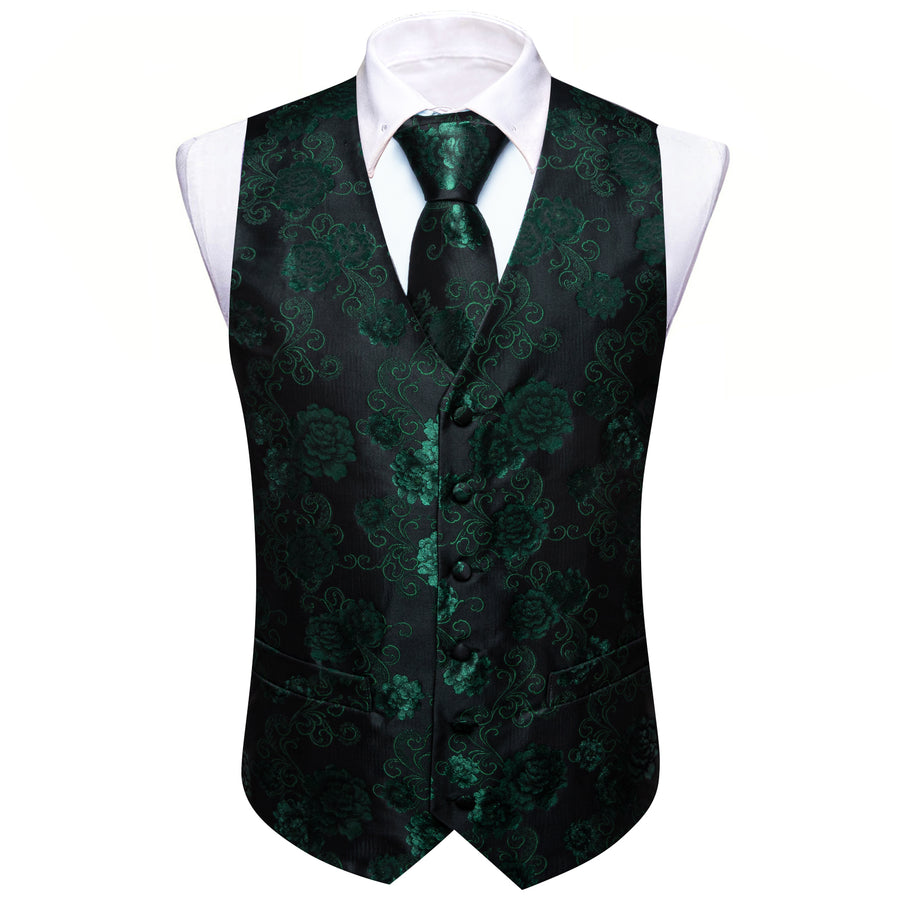 Green Black Floral Flower Silk Men's Vest Set vest set    - Sophisticated Gentlemen