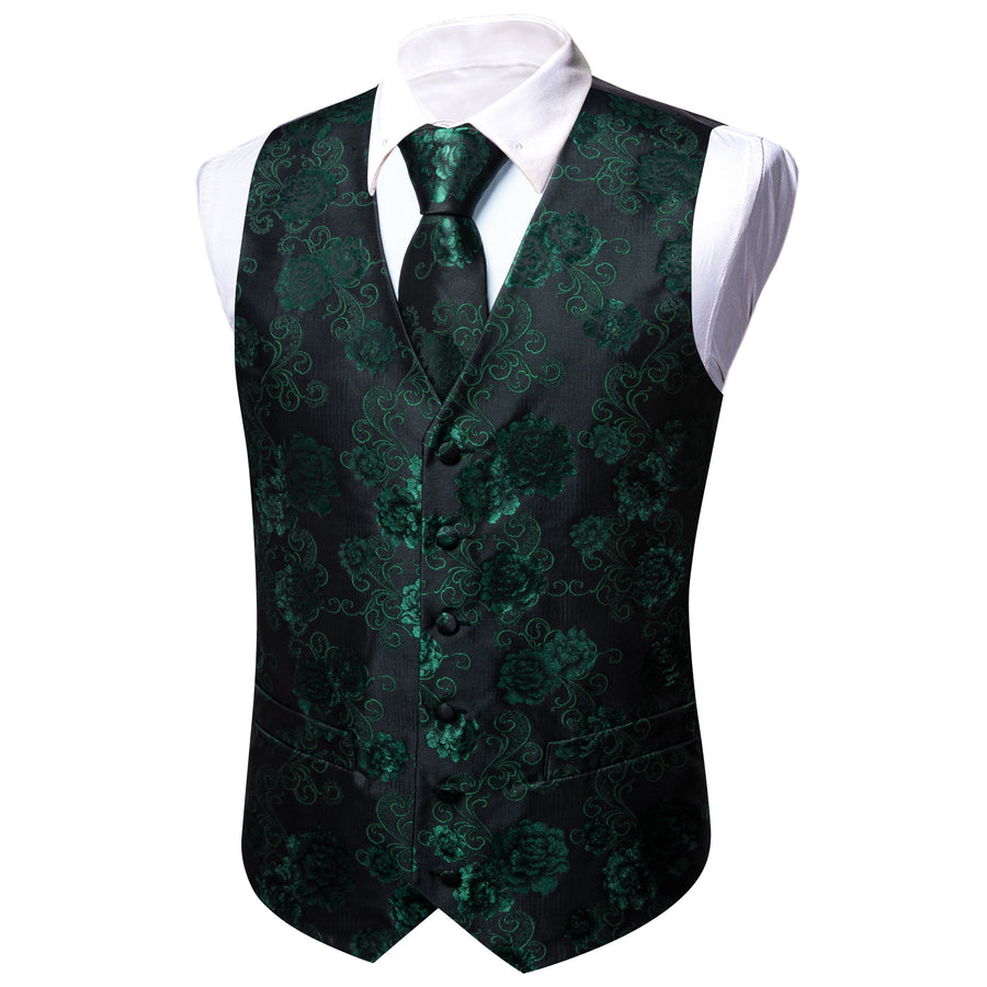 Green Black Floral Flower Silk Men's Vest Set vest set    - Sophisticated Gentlemen