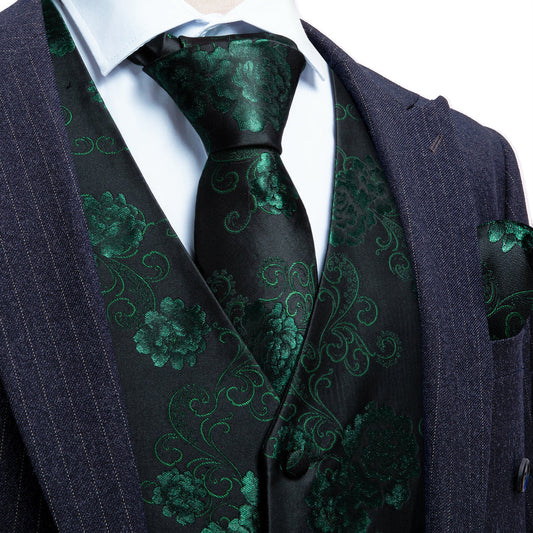 Green Black Floral Flower Silk Men's Vest Set vest set S (Chest 40")   - Sophisticated Gentlemen