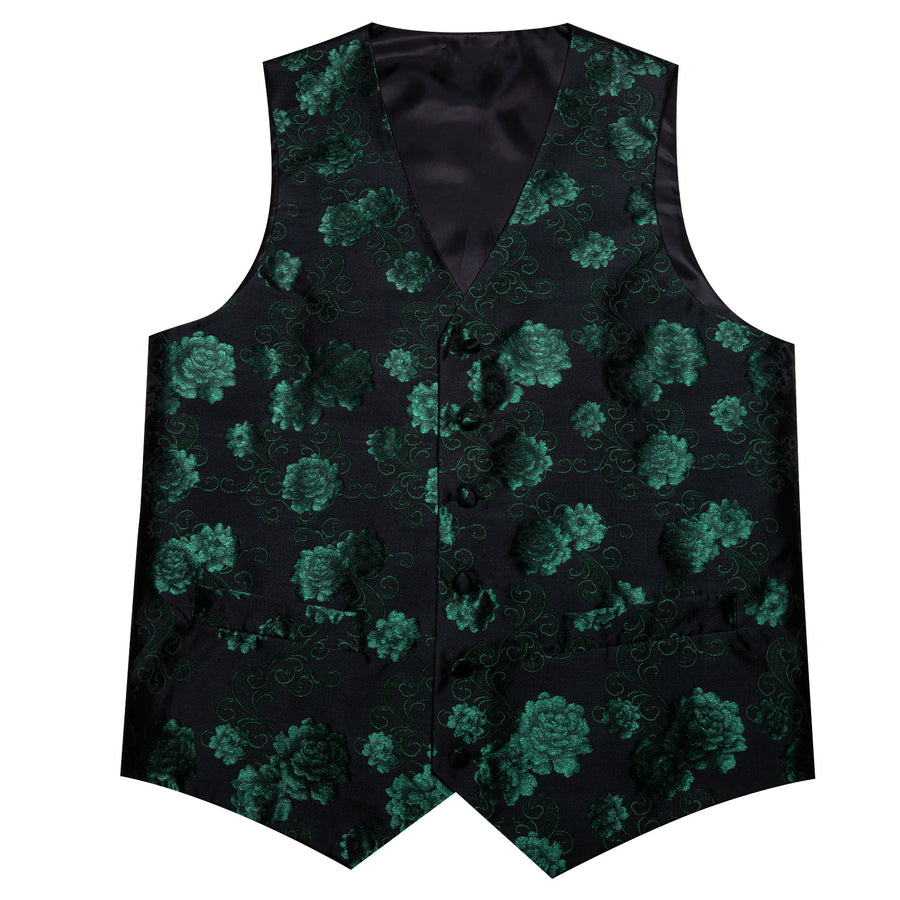 Green Black Floral Flower Silk Men's Vest Set vest set    - Sophisticated Gentlemen