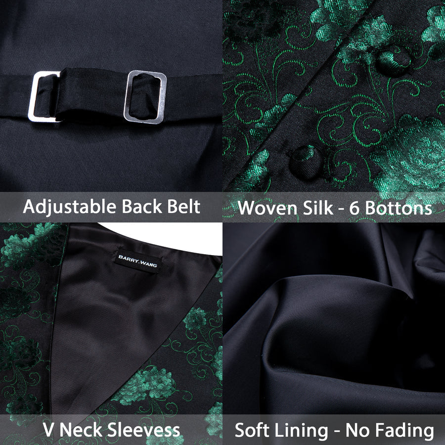 Green Black Floral Flower Silk Men's Vest Set vest set    - Sophisticated Gentlemen