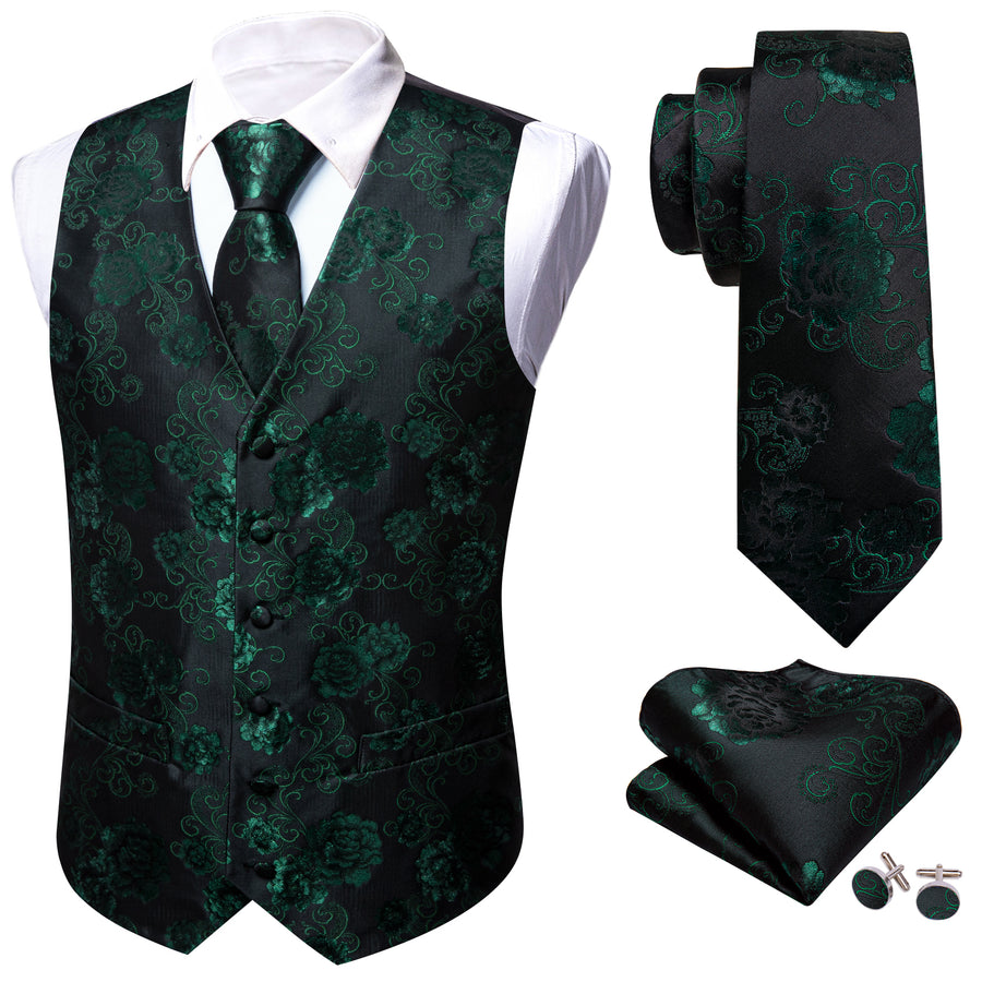 Green Black Floral Flower Silk Men's Vest Set vest set    - Sophisticated Gentlemen