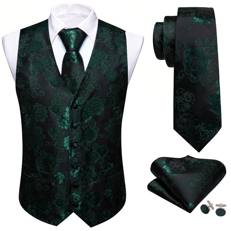 Green Black Floral Flower Silk Men's Vest Set vest set    - Sophisticated Gentlemen