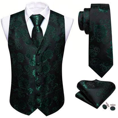 Green Black Floral Flower Silk Men's Vest Set vest set    - Sophisticated Gentlemen
