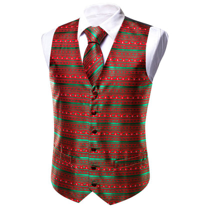Christmas Green Red Snowflake Deers Silk Men's Vest Set vest set    - Sophisticated Gentlemen