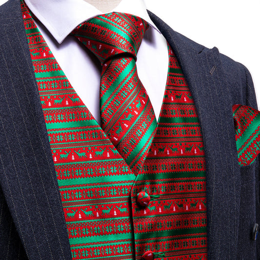 Christmas Green Red Snowflake Deers Silk Men's Vest Set vest set S (Chest 40")   - Sophisticated Gentlemen