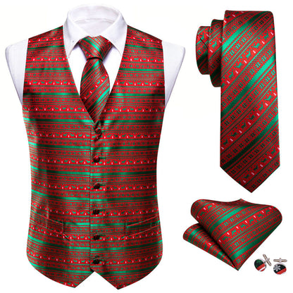 Christmas Green Red Snowflake Deers Silk Men's Vest Set vest set    - Sophisticated Gentlemen
