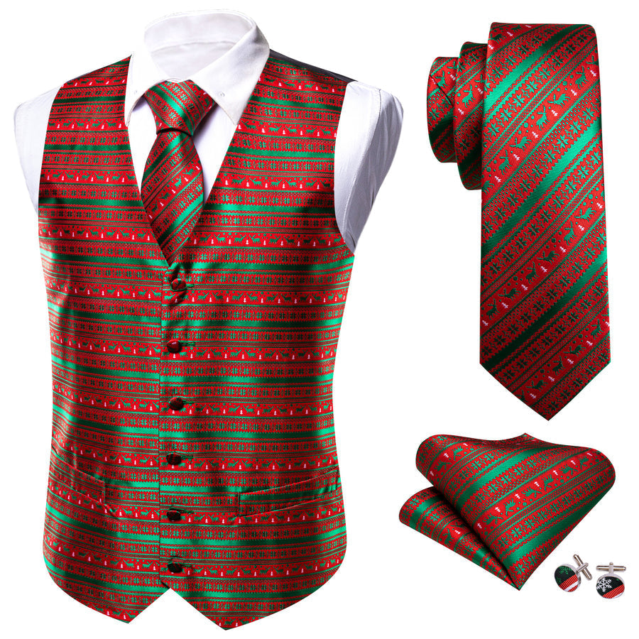 Christmas Green Red Snowflake Deers Silk Men's Vest Set vest set    - Sophisticated Gentlemen