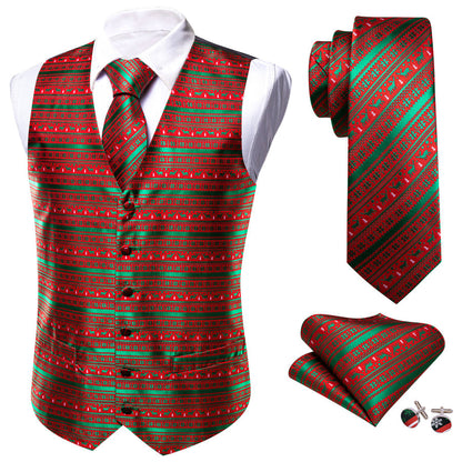 Christmas Green Red Snowflake Deers Silk Men's Vest Set vest set    - Sophisticated Gentlemen