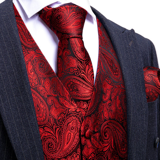 Red Paisley Silk Vest Set vest set S (Chest 40")   - Sophisticated Gentlemen