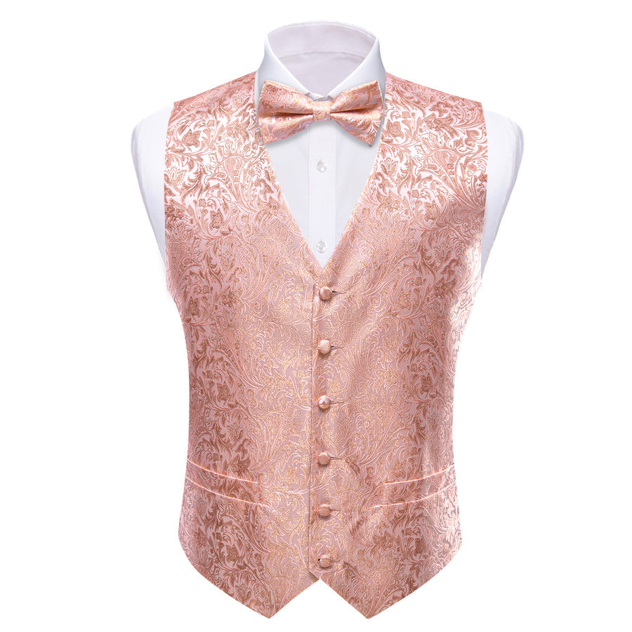 Pink Gold Floral Leaf Silk Men's Bowtie Vest Set vest set    - Sophisticated Gentlemen