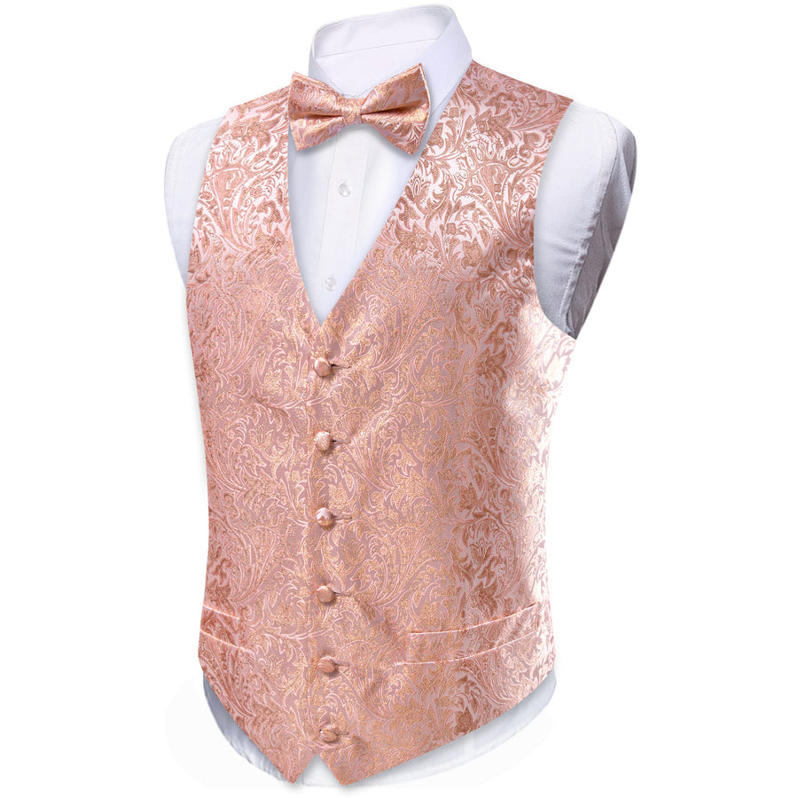 Pink Gold Floral Leaf Silk Men's Bowtie Vest Set vest set    - Sophisticated Gentlemen