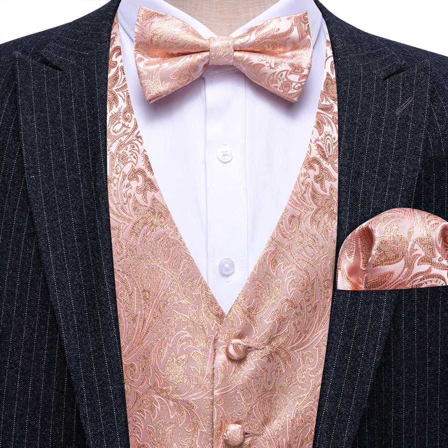 Pink Gold Floral Leaf Silk Men's Bowtie Vest Set vest set    - Sophisticated Gentlemen