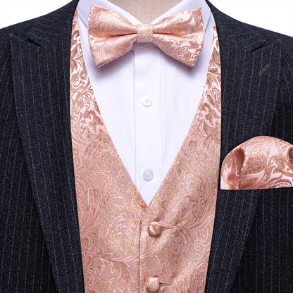 Pink Gold Floral Leaf Silk Men's Bowtie Vest Set vest set    - Sophisticated Gentlemen