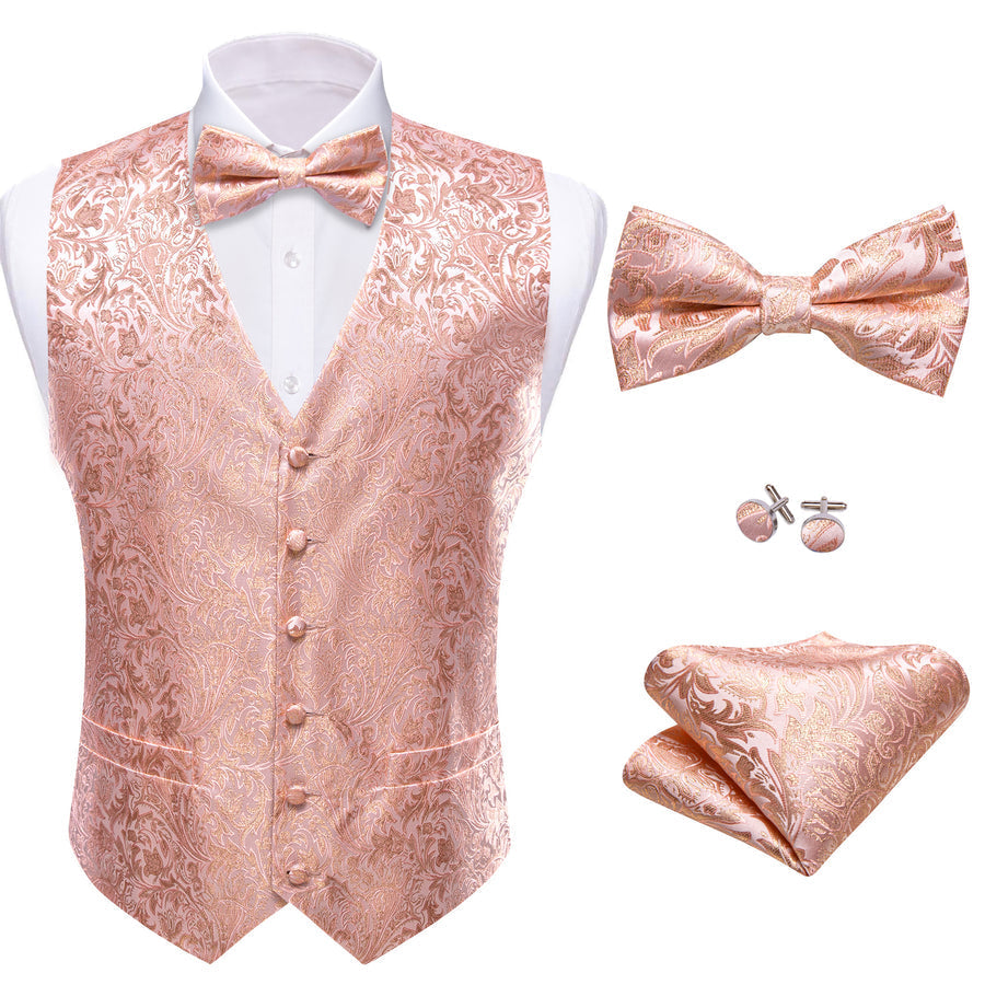 Pink Gold Floral Leaf Silk Men's Bowtie Vest Set vest set    - Sophisticated Gentlemen