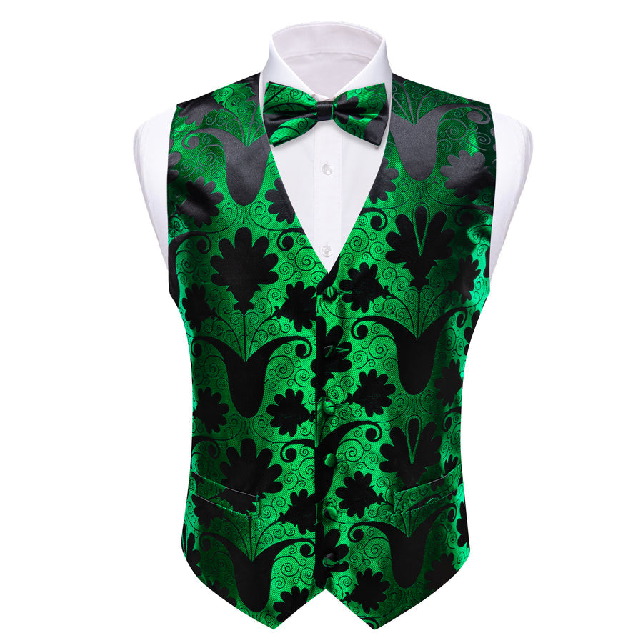 Green Black Floral Leaf Silk Men's Bowtie Vest Set vest set    - Sophisticated Gentlemen