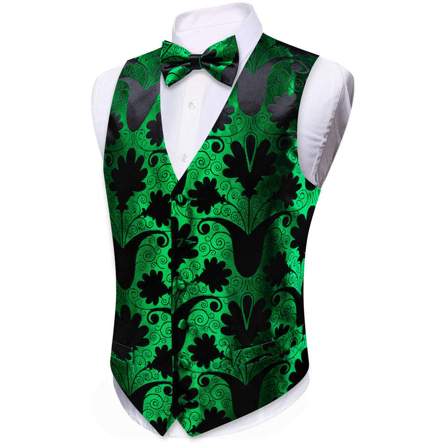 Green Black Floral Leaf Silk Men's Bowtie Vest Set vest set    - Sophisticated Gentlemen