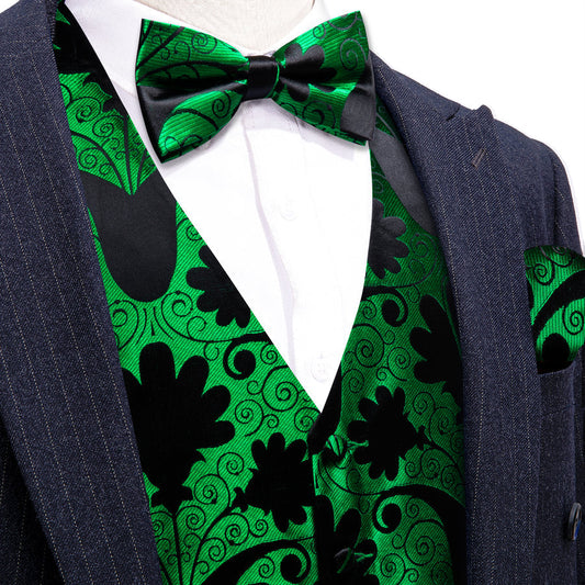 Green Black Floral Leaf Silk Men's Bowtie Vest Set vest set S (Chest 40")   - Sophisticated Gentlemen