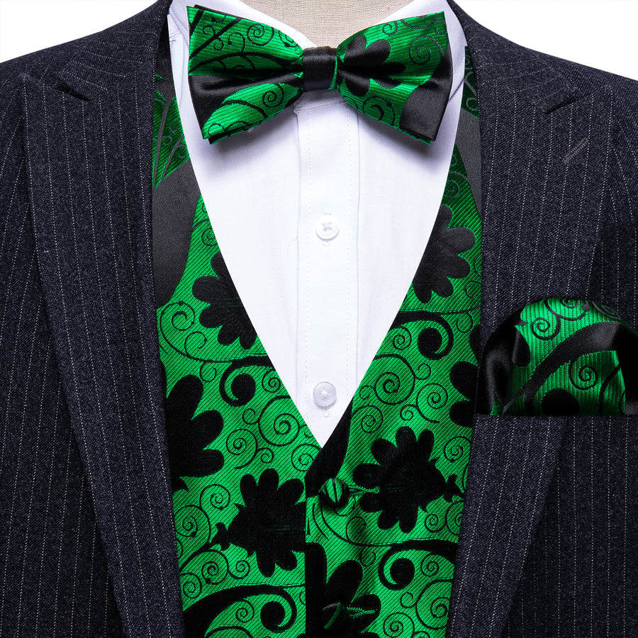 Green Black Floral Leaf Silk Men's Bowtie Vest Set vest set    - Sophisticated Gentlemen
