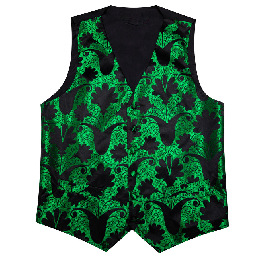 Green Black Floral Leaf Silk Men's Bowtie Vest Set vest set    - Sophisticated Gentlemen