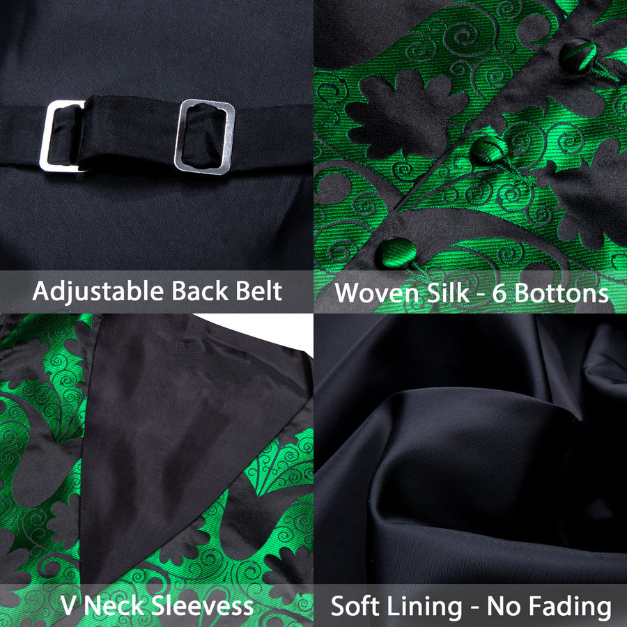 Green Black Floral Leaf Silk Men's Bowtie Vest Set vest set    - Sophisticated Gentlemen