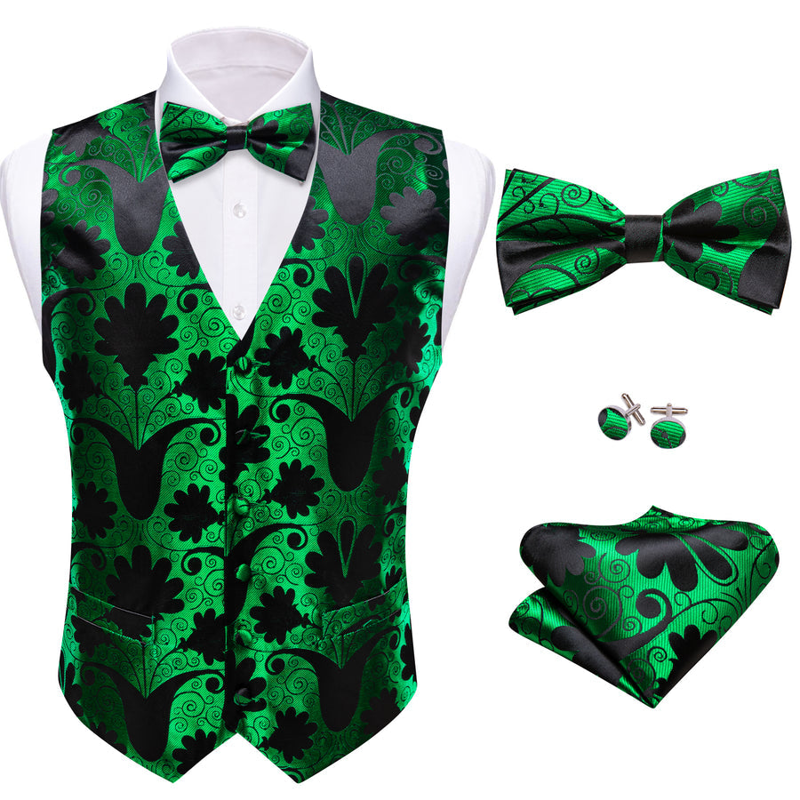 Green Black Floral Leaf Silk Men's Bowtie Vest Set vest set    - Sophisticated Gentlemen
