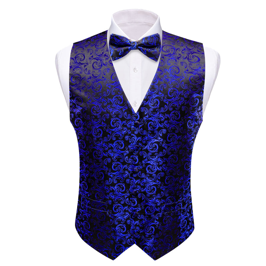 Klein Blue Black Floral Leaf Silk Men's Bowtie Vest Set vest set    - Sophisticated Gentlemen