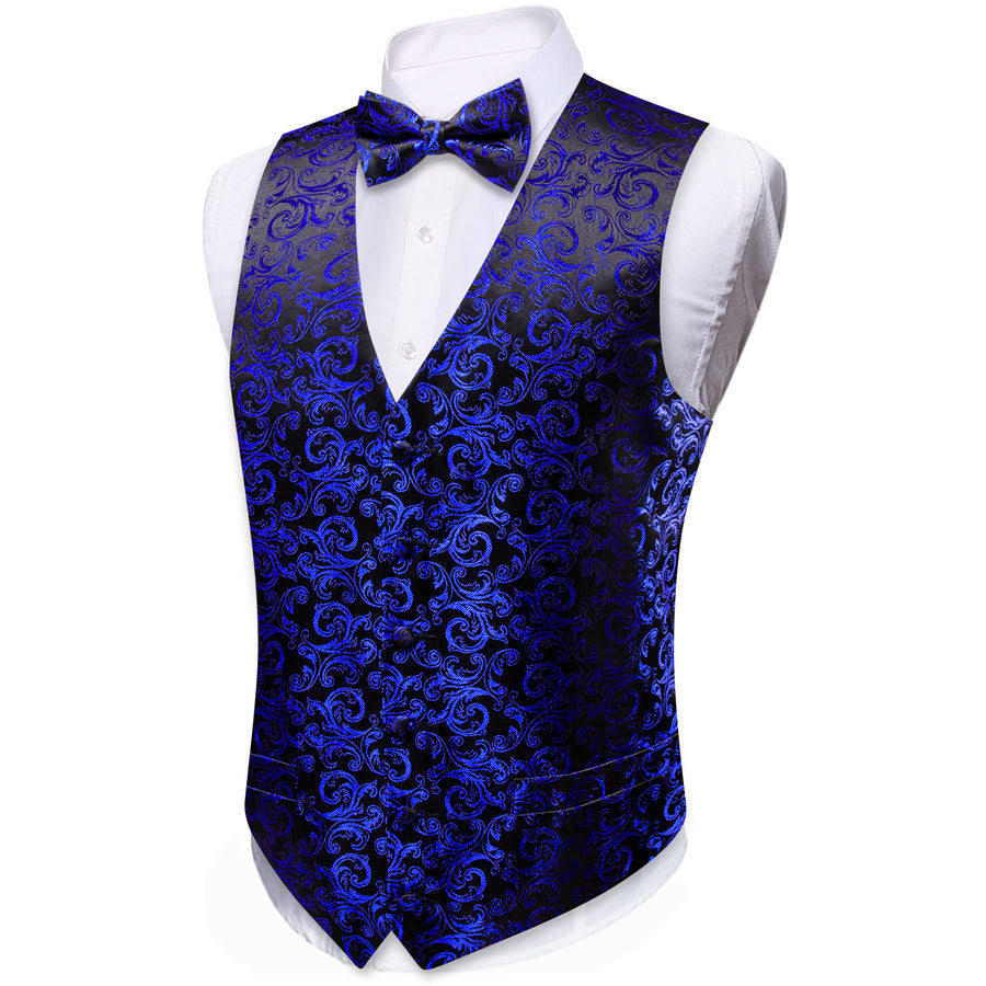 Klein Blue Black Floral Leaf Silk Men's Bowtie Vest Set vest set    - Sophisticated Gentlemen