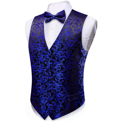 Klein Blue Black Floral Leaf Silk Men's Bowtie Vest Set vest set    - Sophisticated Gentlemen