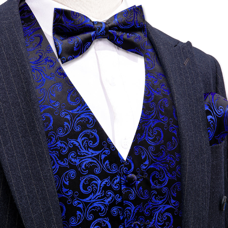 Klein Blue Black Floral Leaf Silk Men's Bowtie Vest Set vest set S (Chest 40")   - Sophisticated Gentlemen