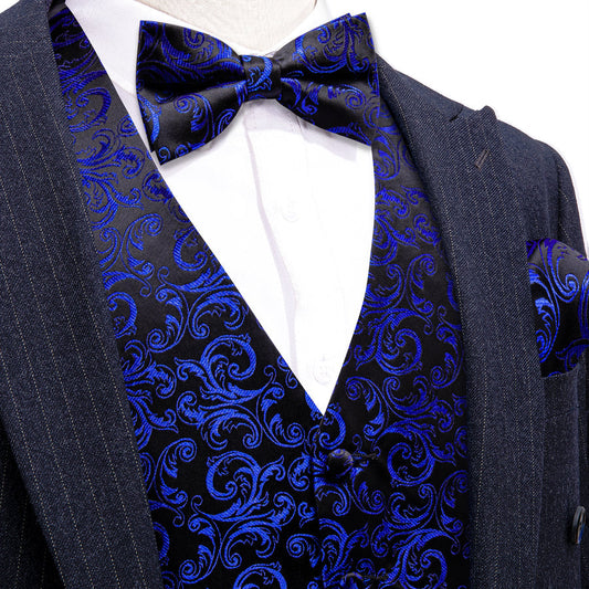 Klein Blue Black Floral Leaf Silk Men's Bowtie Vest Set vest set S (Chest 40")   - Sophisticated Gentlemen