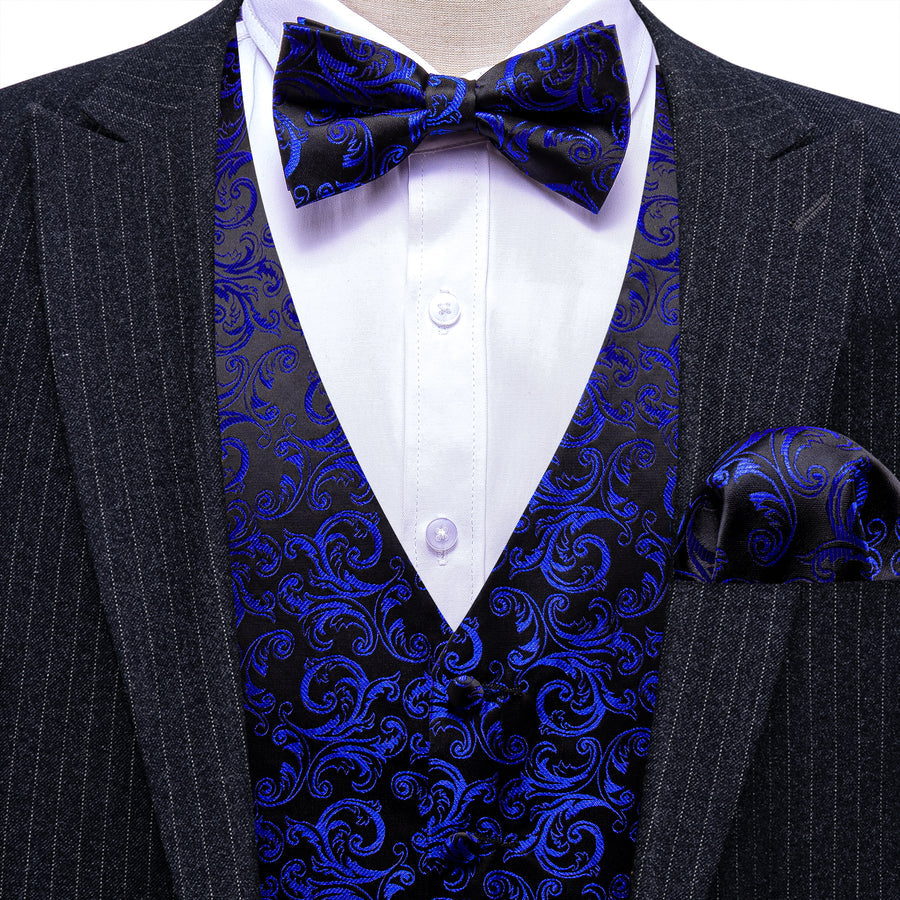 Klein Blue Black Floral Leaf Silk Men's Bowtie Vest Set vest set    - Sophisticated Gentlemen