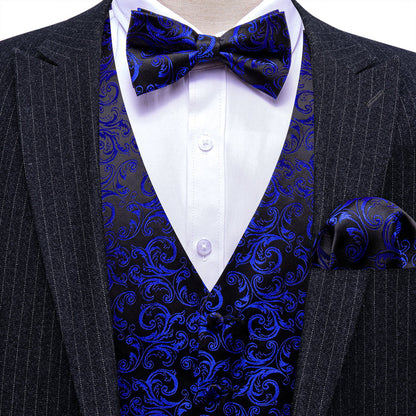 Klein Blue Black Floral Leaf Silk Men's Bowtie Vest Set vest set    - Sophisticated Gentlemen