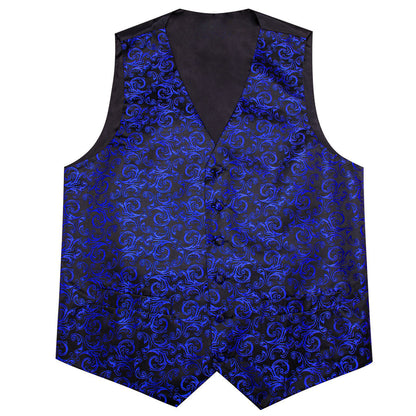 Klein Blue Black Floral Leaf Silk Men's Bowtie Vest Set vest set    - Sophisticated Gentlemen