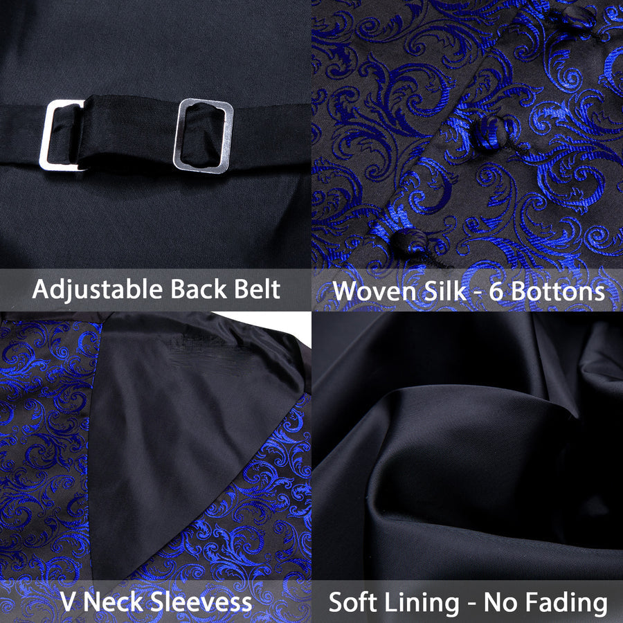 Klein Blue Black Floral Leaf Silk Men's Bowtie Vest Set vest set    - Sophisticated Gentlemen