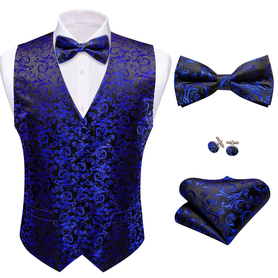 Klein Blue Black Floral Leaf Silk Men's Bowtie Vest Set vest set    - Sophisticated Gentlemen