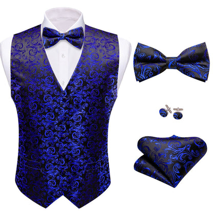 Klein Blue Black Floral Leaf Silk Men's Bowtie Vest Set vest set    - Sophisticated Gentlemen