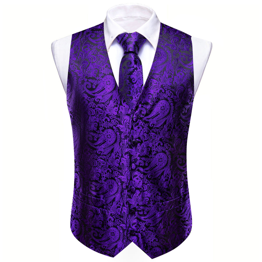 Dark Purple Black Paisley Silk Men's Vest Set vest set    - Sophisticated Gentlemen
