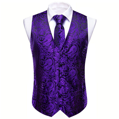 Dark Purple Black Paisley Silk Men's Vest Set vest set    - Sophisticated Gentlemen