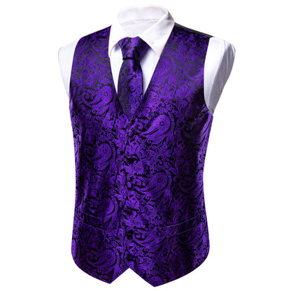 Dark Purple Black Paisley Silk Men's Vest Set vest set    - Sophisticated Gentlemen