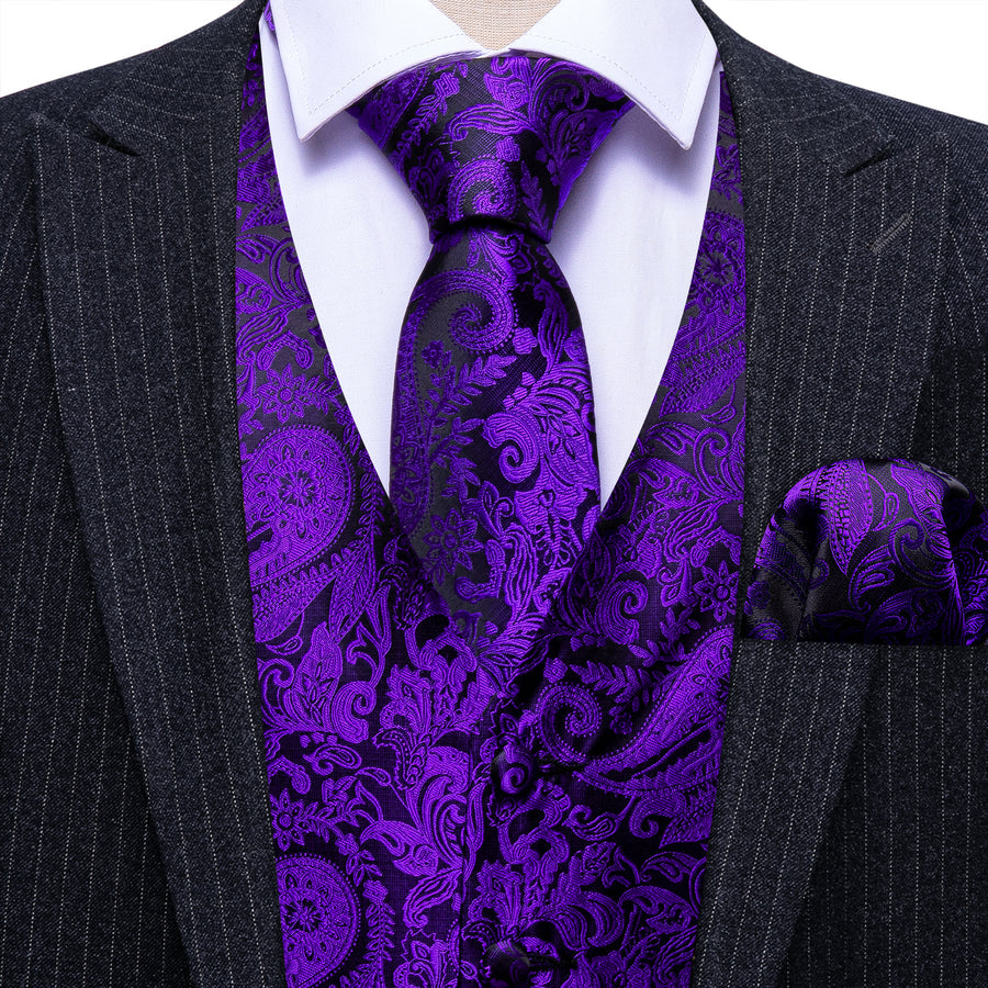Dark Purple Black Paisley Silk Men's Vest Set vest set    - Sophisticated Gentlemen
