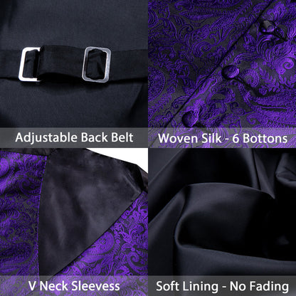 Dark Purple Black Paisley Silk Men's Vest Set vest set    - Sophisticated Gentlemen