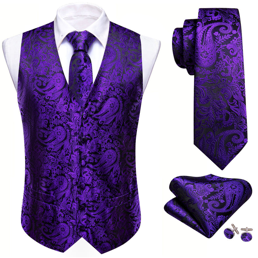 Dark Purple Black Paisley Silk Men's Vest Set vest set    - Sophisticated Gentlemen