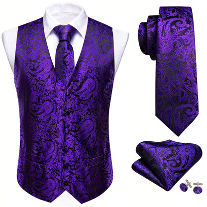 Dark Purple Black Paisley Silk Men's Vest Set vest set    - Sophisticated Gentlemen