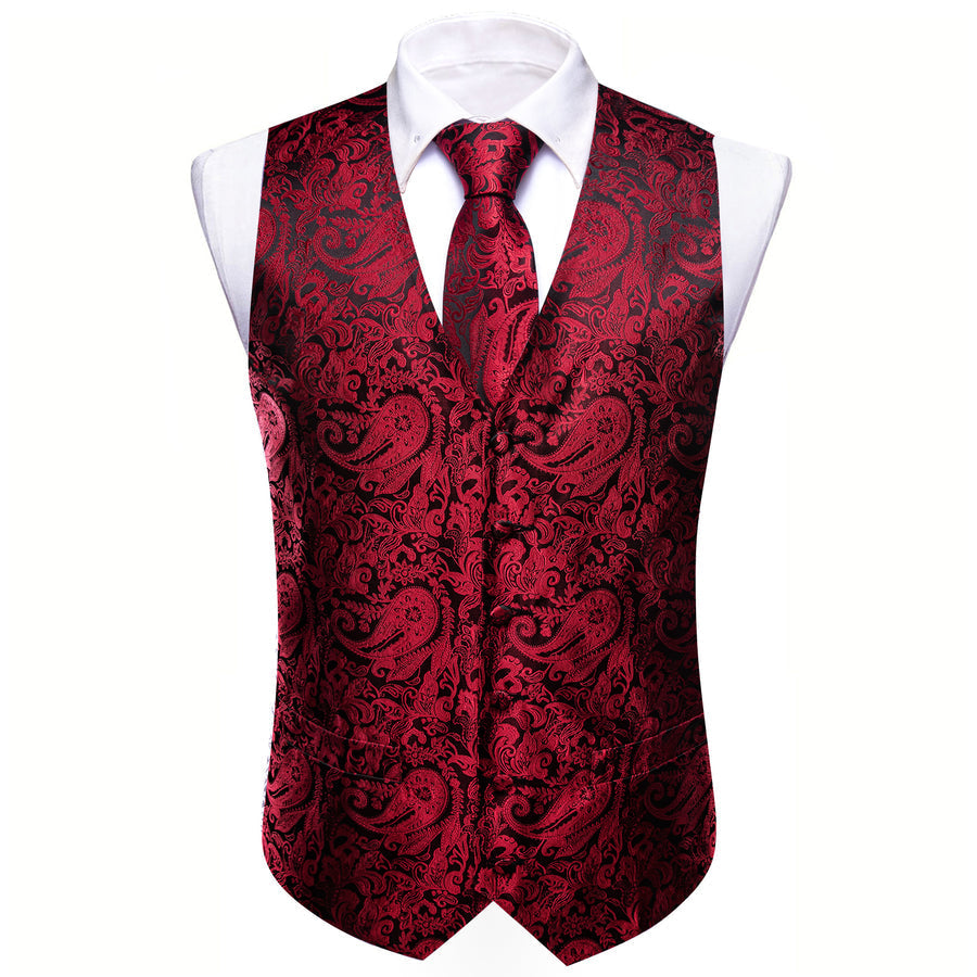 Red Black Paisley Silk Vest Set vest set    - Sophisticated Gentlemen
