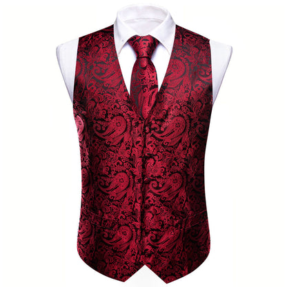 Red Black Paisley Silk Vest Set vest set    - Sophisticated Gentlemen