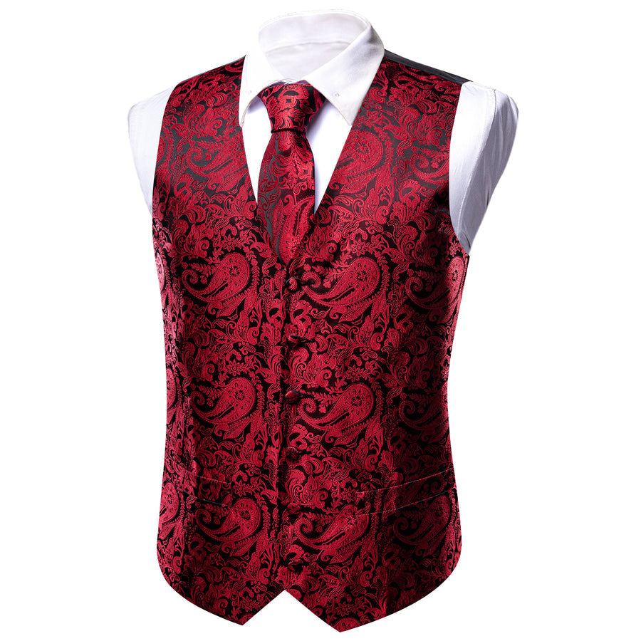 Red Black Paisley Silk Vest Set vest set    - Sophisticated Gentlemen